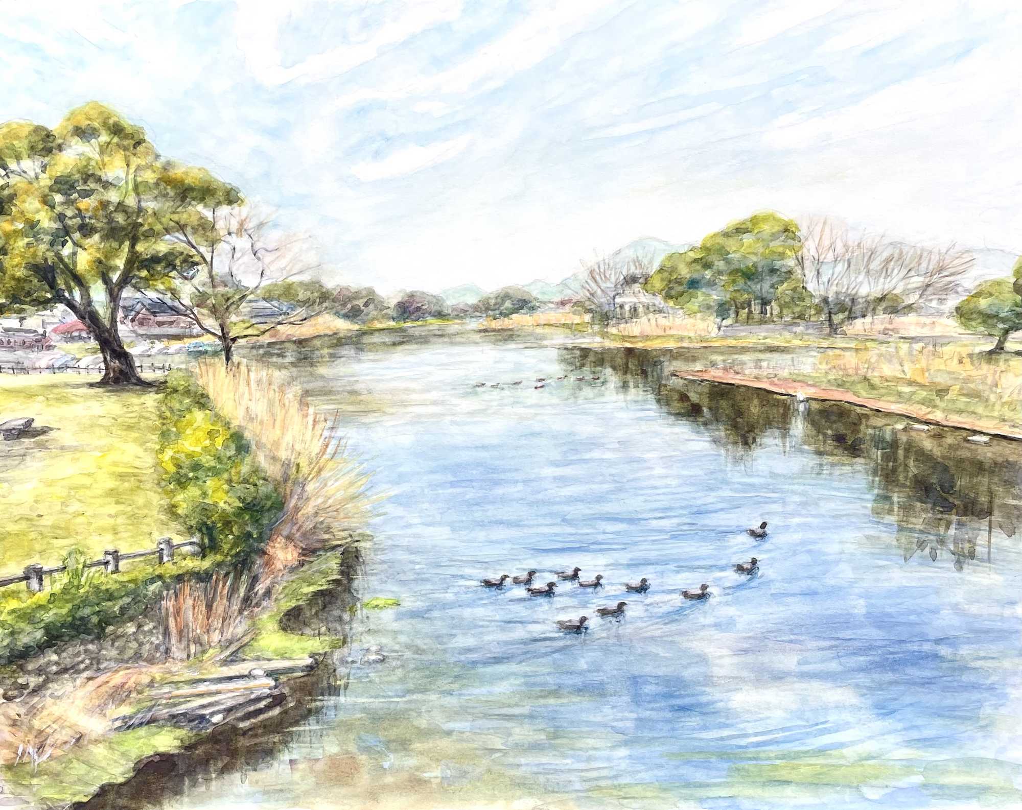 春の江津湖　水彩画